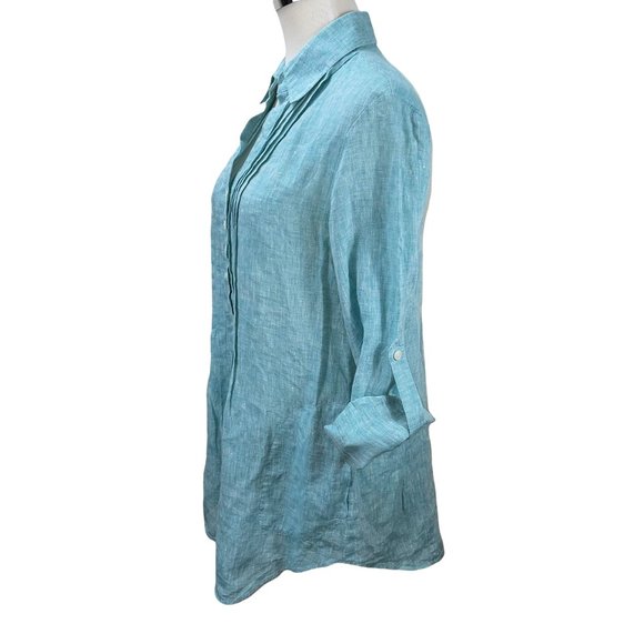 Lafayette 148 Linen Henley Oversized Long Teal White Top Tunic Button Down - Picture 9 of 12